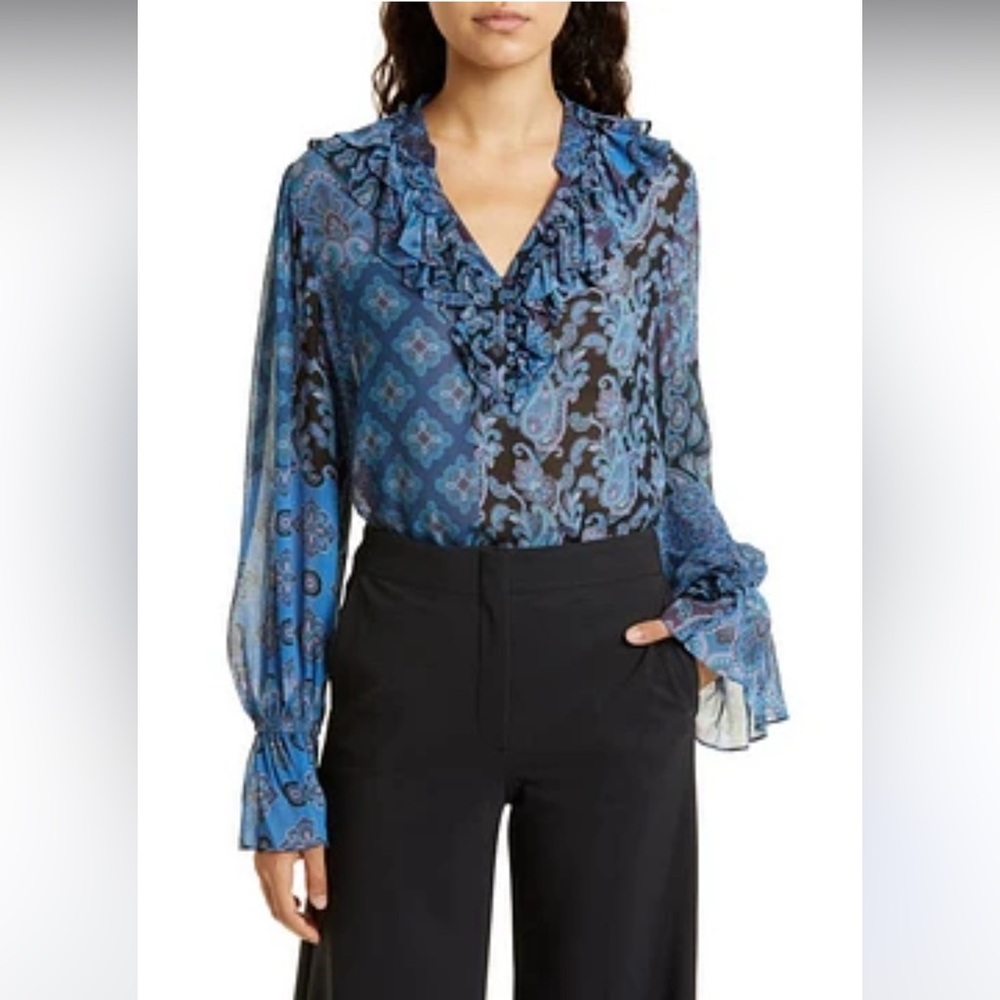 Kobi Halperin Winnie Blue Paisley Ruffle Top - no size